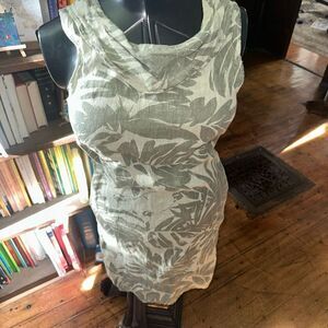 Lina Tomei Italian green leaf drape neck sleeveless linen dress